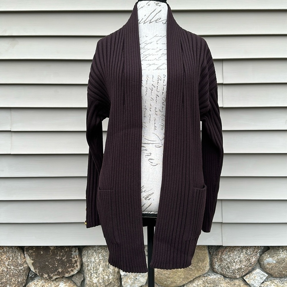 ESCADA Margaretha Ley Vintage Ribbed Knit Open Front Cardigan - Dark Chocolate
